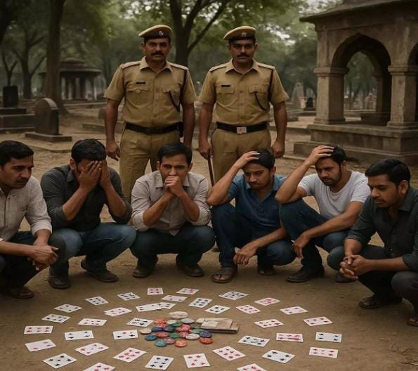 Balodabazar: शमशान घाट में ताश-पत्ती से जुआ खेलते सात जुआरी गिरफ्तार